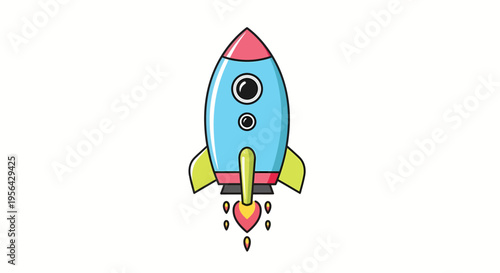 cartoon rocket ship blasting off into space with flames for kids education