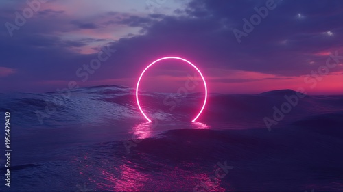 A glowing pink neon ring floats above a dark rippling ocean surface during a vibrant sunset sky