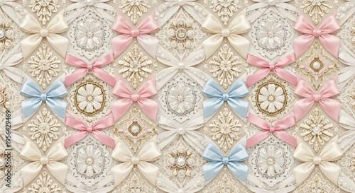 pastel ribbon bow seamless pattern with floral lace texture for fashion branding design