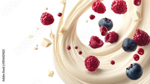 A swirl of creamy yogurt with raspberries and blueberries on transparent background