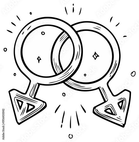 Intertwined gender symbols of male with beams of light