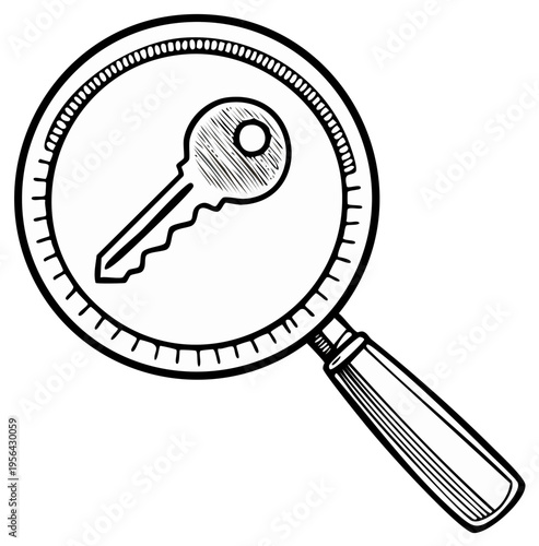 Magnifying glass revealing a vintage key symbolizing search discovery and solutions for access