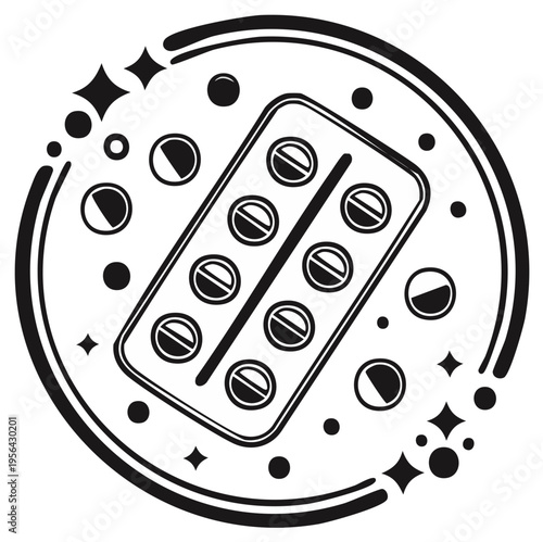 Medicine Pack with Pills, Illustration, Vector Icon, Healthcare, Medical Treatment, Sickness and Illness Cure in Black and White