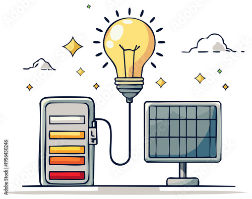 Cartoon of solar panel powering lightbulb, battery charging icon drawing