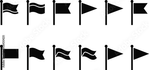 Black flag icon set with various shapes and wave styles on poles for map markers, notification signs, finish lines, and navigation UI elements.