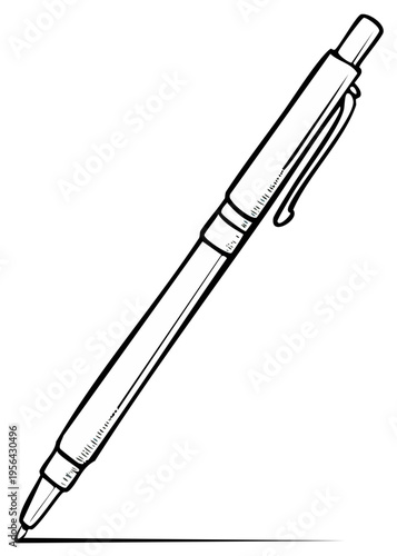 Hand drawn black and white outline of a ballpoint pen writing a line on a surface.