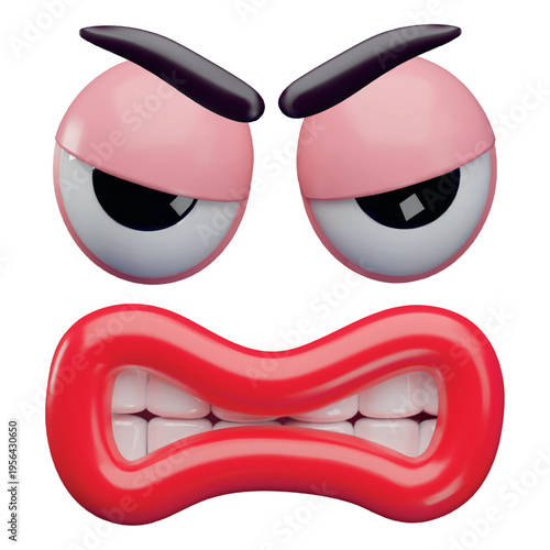 A 3D angry face with eyes, furrowed brows, and a red mouth clenched in anger with teeth.