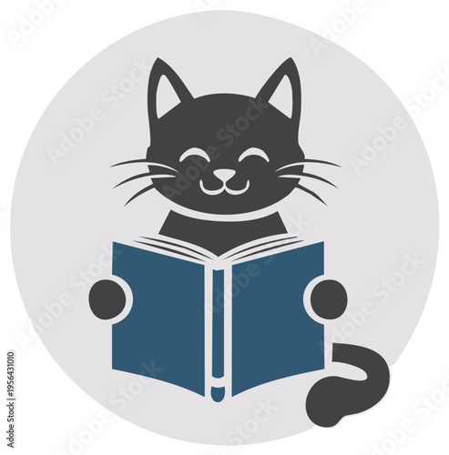 Happy Smiling Cartoon Cat Reading Blue Book Graphic Vector Illustration