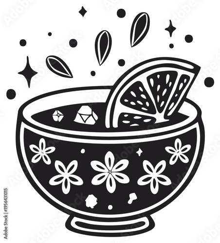 Hand drawn illustration of a decorative bowl filled with a refreshing drink and orange slice surrounded by sparkles and splashes