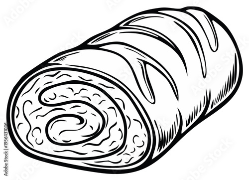 Black and White Hand Drawn Illustration of a Sweet Rolled Cake with Creamy Filling