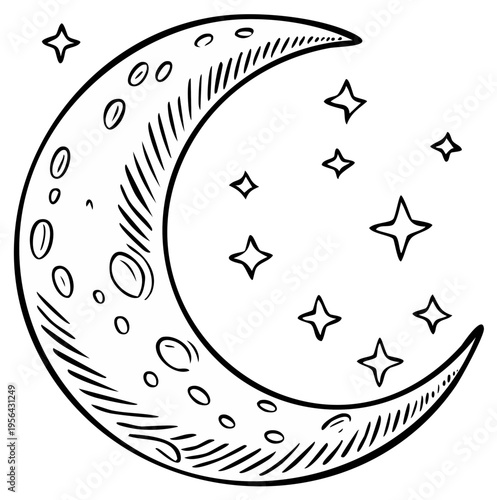 Hand-drawn crescent moon with stars creates a celestial line art illustration for astrology enthusiasts and mystical themes