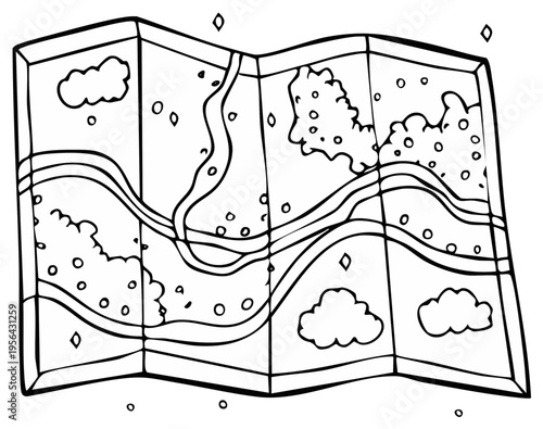 Folded map illustration with stylized geographic features, clouds, and stars.