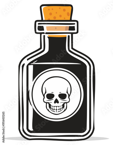 Glass bottle with skull symbol representing poison, dark liquid and cork stopper