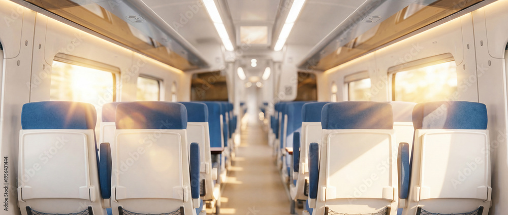 Obraz premium Interior of a modern high-speed train or commuter rail car. Empty blue and beige seats, bright windows with warm sunlight, and a clean aisle. Comfortable public transportation travel background. 