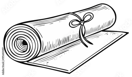 Rolled up diploma scroll tied with ribbon bow opening unfurled document on white background