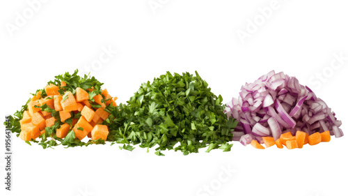 Three piles of chopped vegetables on transparent background