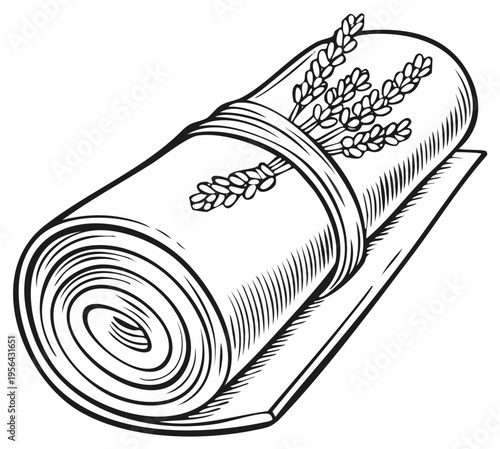Rolled towel with lavender sprigs, spa treatment, graphic illustration