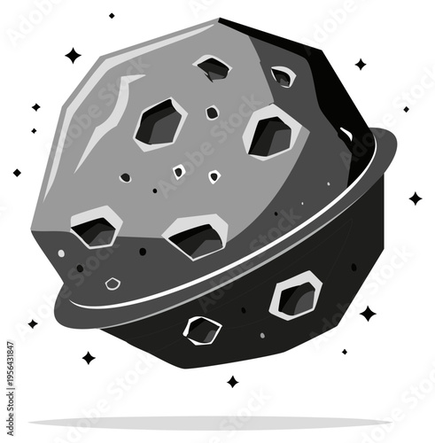 Cartoon asteroid with craters and ring in space illustration