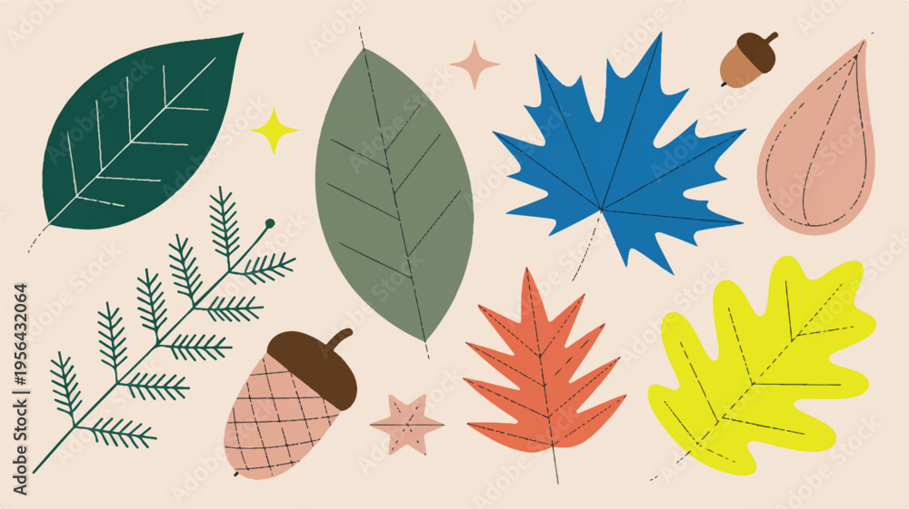 Obraz premium Autumn's Gentle Whispers: A collection of stylized leaf and acorn illustrations showcase the colors and shapes of autumn, creating a visually appealing design.