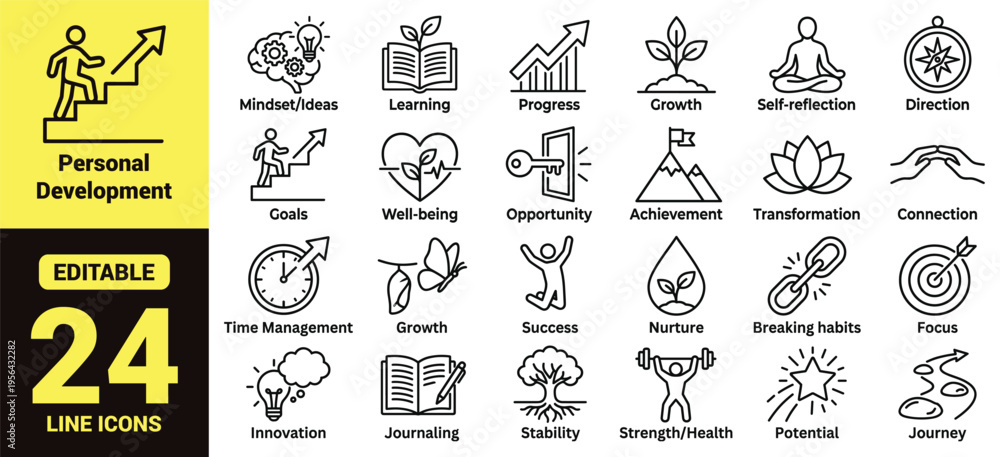 Fototapeta premium Personal development and self‑improvement icon set featuring growth, achievement, wellness, mindfulness, focus, innovation, journaling, and transformation in modern line‑art vector motivational design
