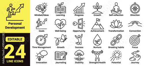 Personal development and self‑improvement icon set featuring growth, achievement, wellness, mindfulness, focus, innovation, journaling, and transformation in modern line‑art vector motivational design