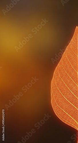 Glowing orange leaf skeleton with intricate veins illuminated against a warm gradient background, symbolizing nature's delicate beauty and autumn.