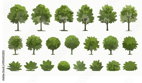 Realistic green trees and garden plants vector collection botanical foliage set isolated on white
