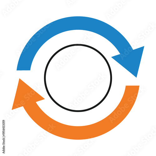 Circular arrows symbolizing cycle rotation and reciprocal motion with blue and orange colors on white background