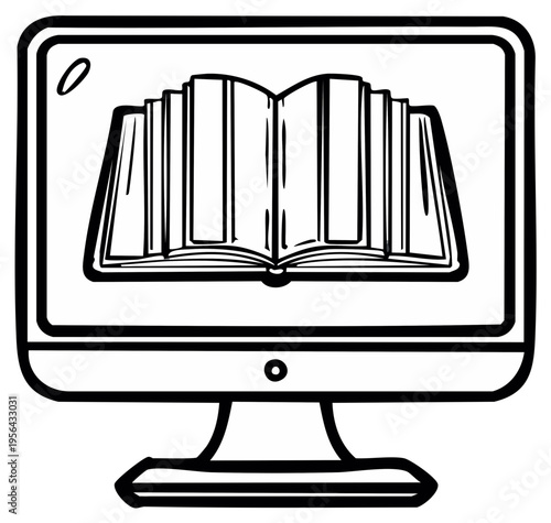 Monitor displaying open book concept, education, learning, literature, reading, studying