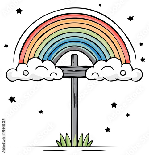 Whimsical Rainbow Arching Over Wooden Cross with Clouds and Stars