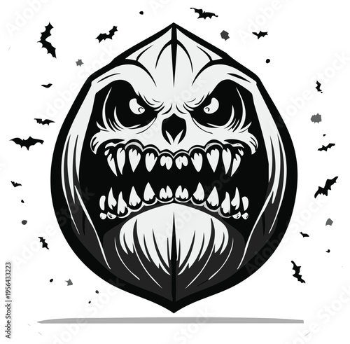 Fearsome Halloween Skull with Sharp Teeth and Flying Bats