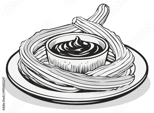 Fresh churros served with rich chocolate sauce on a white plate, illustration