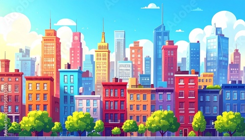 Vibrant cityscape with colorful buildings and trees.