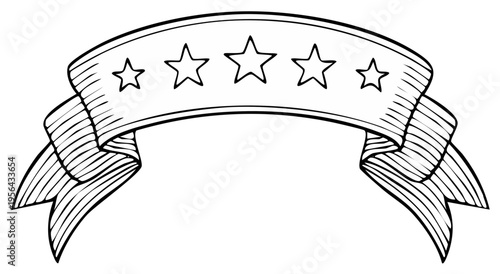 Vintage Star Banner with Ribbons in Hand Drawn Sketch Style