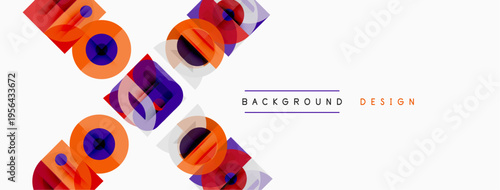 Abstract geometric shapes overlap, creating vibrant visual texture. White space dominates composition, simple text present.