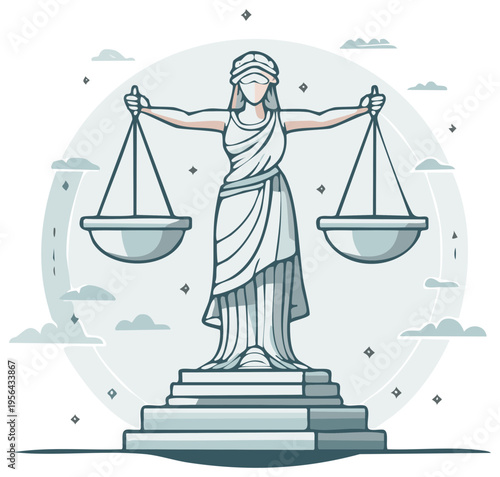 Statue of blindfolded lady justice holding balance scales on a pedestal