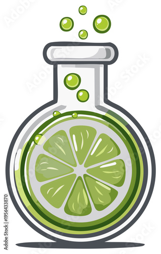 Round laboratory flask filled with bubbling green liquid and a lime slice illustration