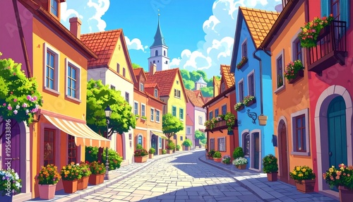 colorful cartoon illustration of a quaint european town street.