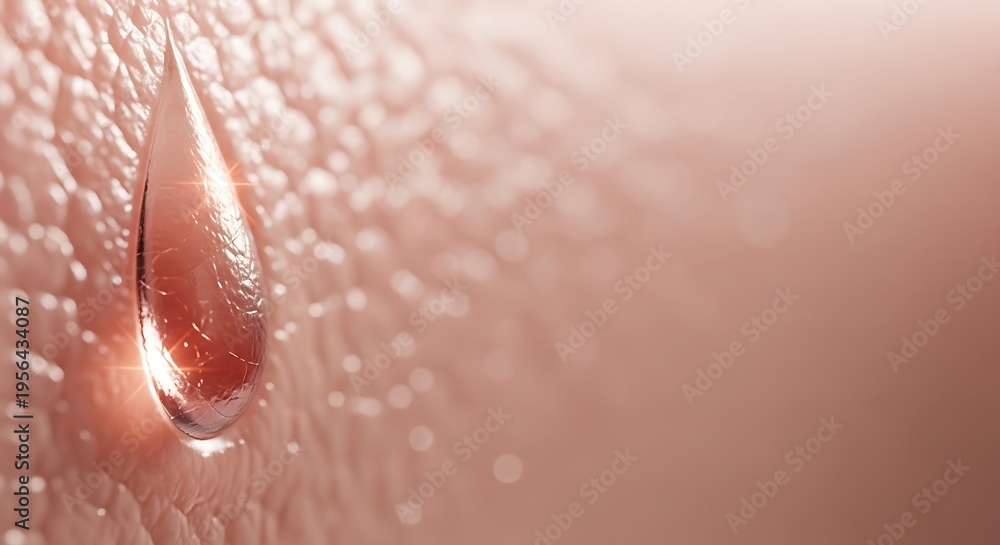 Fototapeta premium Close up macro view of a single water droplet on human skin surface showing texture and pores with soft diffused light highlighting the moisture and hydration