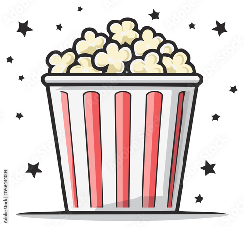 Striped popcorn container overflowing with fluffy buttered popcorn and surrounded by stars against a white background.