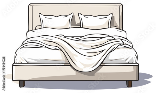 Comfortable Bed with White Linens and Pillows Illustration  Bedroom Furniture Interior Design Home Decor