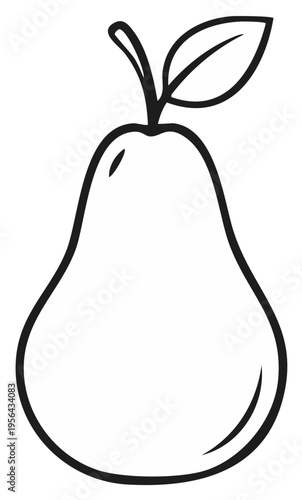 Simple black and white illustration of a ripe pear with a leaf