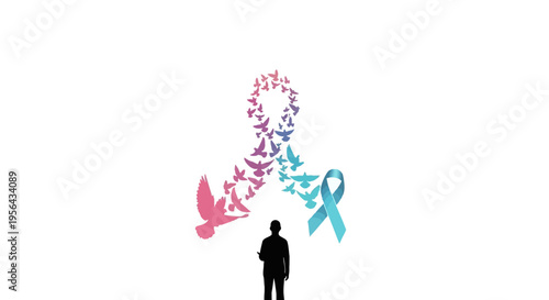 Man Standing with Breast Cancer Awareness Ribbons.