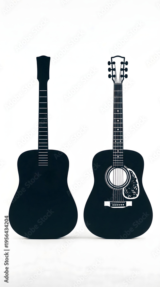 Obraz premium Black acoustic and electric guitars isolated on white background with minimal modern style