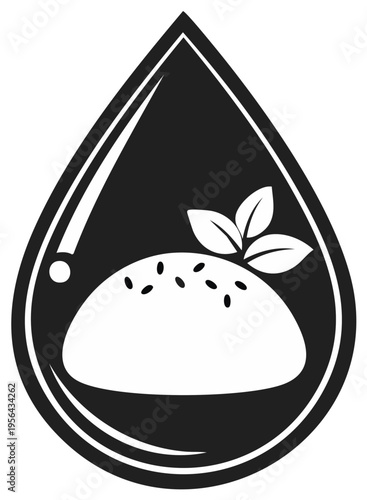 Stylized illustration of a drop containing a simple icon of a burger with sesame seeds and a sprig of leaves