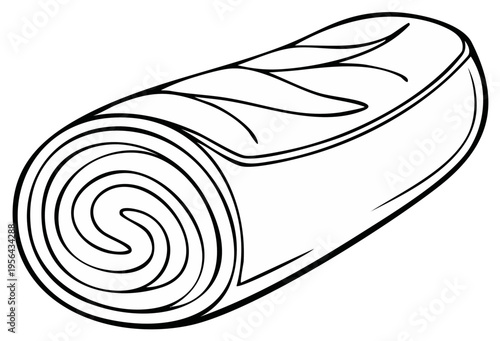Rolled mattress isolated. Rolled sleeping bag. Simple line drawing. Camping accessory. Tourist equipment and supplies. Outdoor activity and recreation gear.
