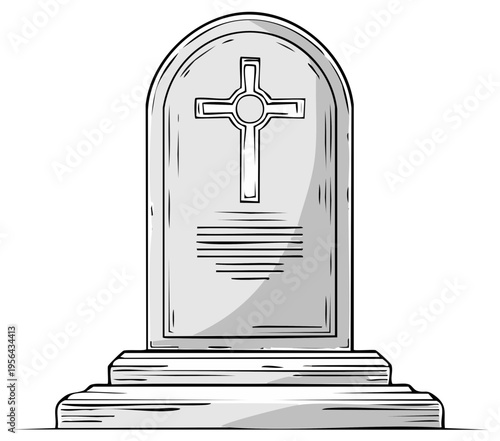 Cartoon-style Illustration of a Grave Stone: Memorial, Monument, Headstone with Cross, Grave