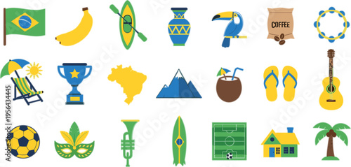Brazil culture icons set with flag football carnival coffee toucan surf beach symbols colorful travel vector illustration collection