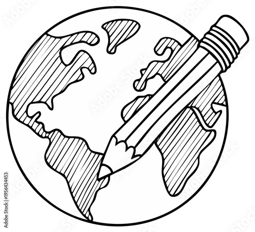 Pencil drawing on globe symbolizing education, creativity, and global learning