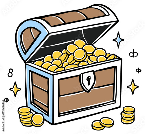 Open treasure chest with gold coins, treasure hunt illustration, fantasy riches and luck, adventure and hidden wealth concept cartoon style